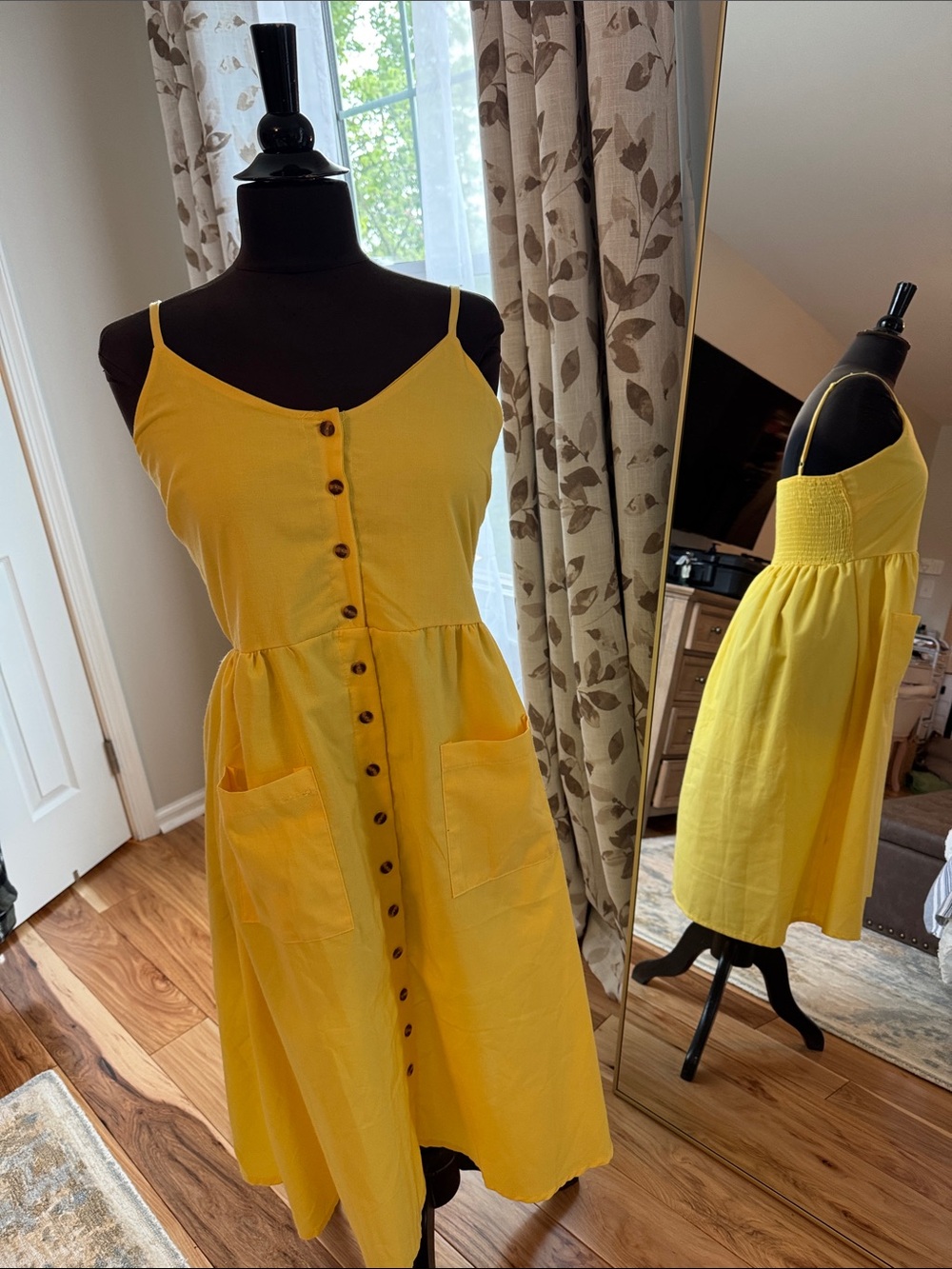 Sunshine Yellow Button-Front Midi Dress with Pockets